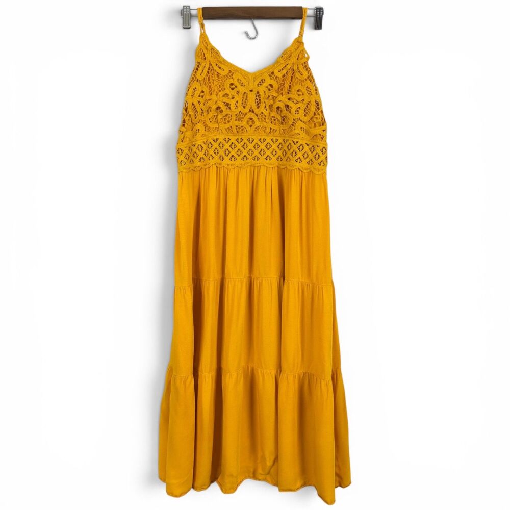 yellow boho crochet lace tiered midi dress spaghetti straps sleeveless size xl